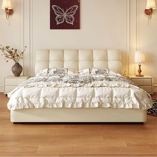 Baierdi Cream Style Leather Bed Modern Simple Double Bed Light Luxury Storage Drawer Leather Art Large Bed Puff Bed