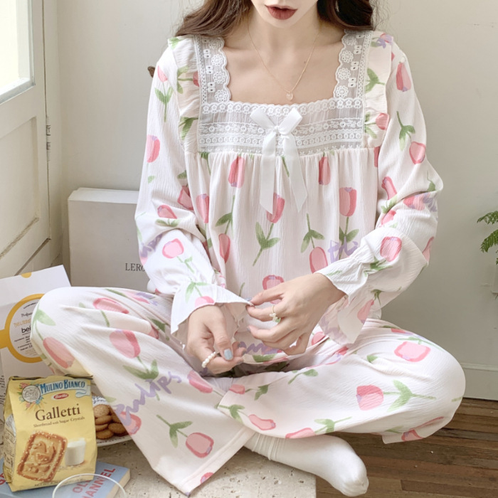 Estilo coreano japonés dulce ins primavera y otoño pijamas de las mujeres algodón manga larga traje más tamaño 240kg portátil homewear