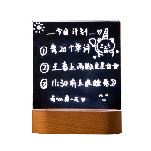 Luminous Acrylic Transparent Writing Board Night Light Wholesale Erasable Wooden LED Light Base Stands Small Blackboard
