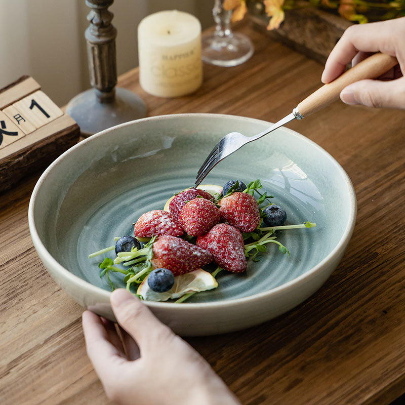 Tacos de ensalada de anillo creativos de cerámica retrógrada gran tazón de cubiertos domésticos tazón redondo al por mayor de alto valor nominal tazón de restaurante