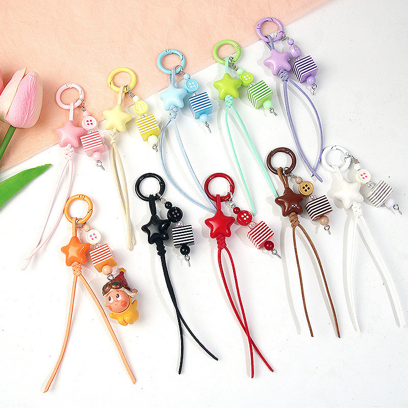 New Creative Striped Bead Keychain Pentagram Blind Box Cute Accessory Fashion Braided Rope Bag Pendant Phone Chain