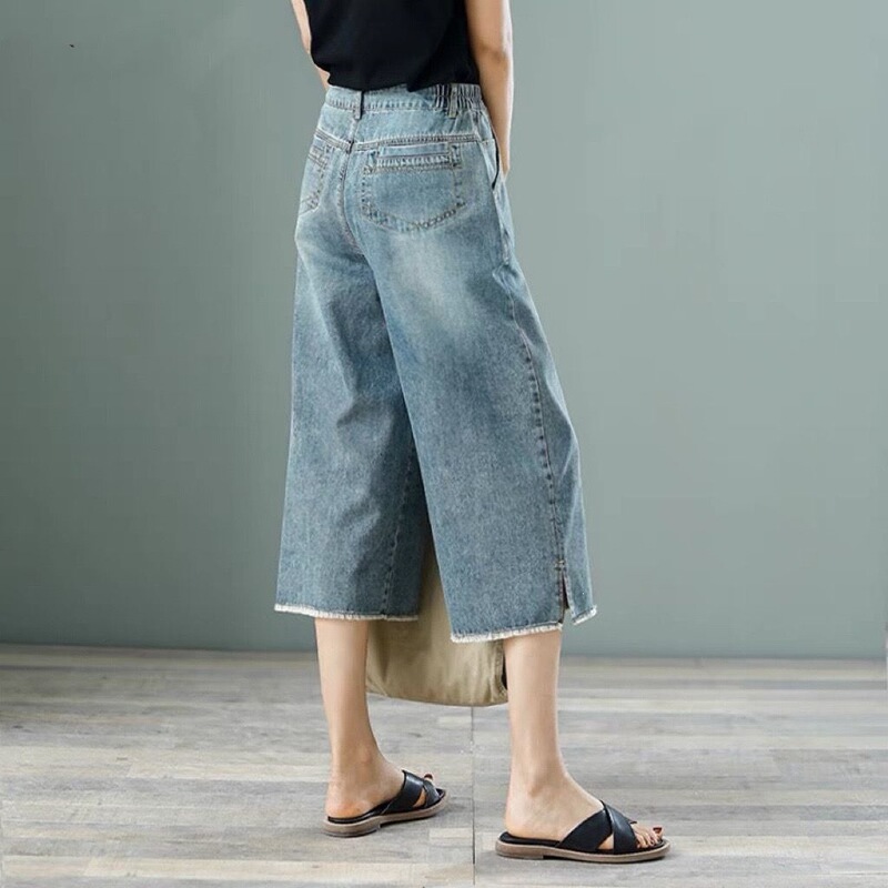Trendy 2025 Retro Cropped Wide-Leg Jeans for Women, Summer Frayed Edge, Plus Size, New Cotton Loose Straight Pants, High Waist