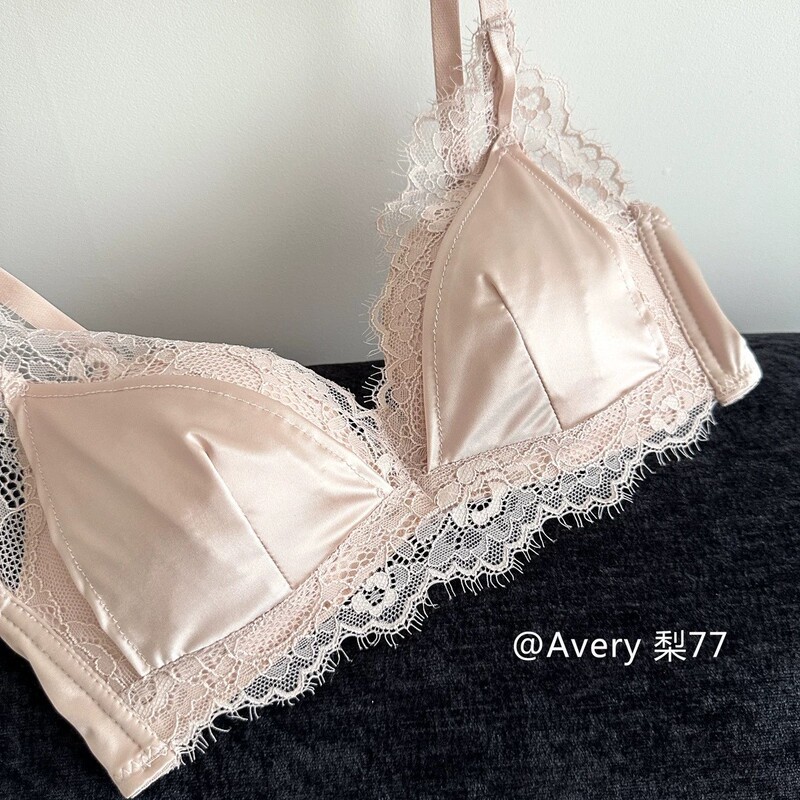 Shimmering and radiant~French lace and silk satin spliced triangle cup bra for women with small busts, providing a full fit and no empty cup Shimmering and radiant~French lace and silk satin spliced triangle cup bra for women with small busts, providing a full fit and no empty cup