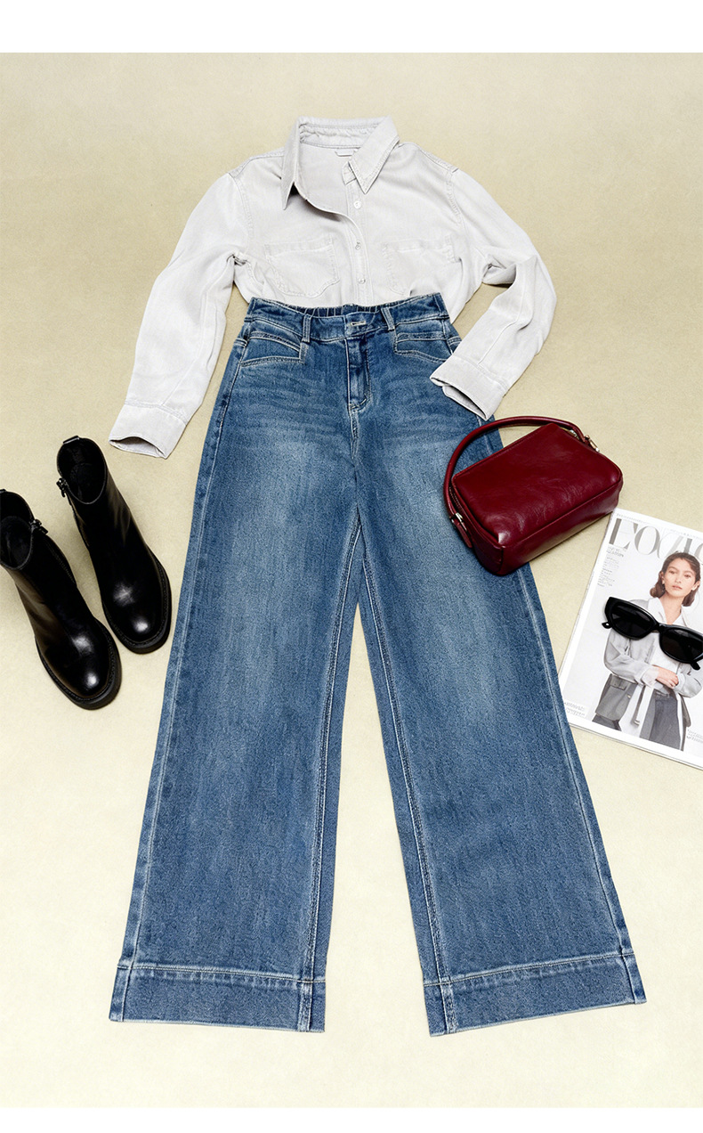 Quần jean nữ ống rộng cạp cao 9 phân, dáng suông slim fit, chất vải chống thấm — màu xanh nhạt chi tiết 10