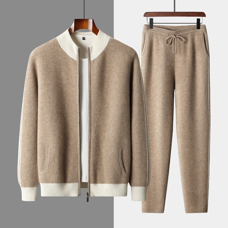 Two-tone zippered casual cashmere cardigan for men, new autumn and winter stylish outerwear, color-blocked pants, thickened suit, factory sale