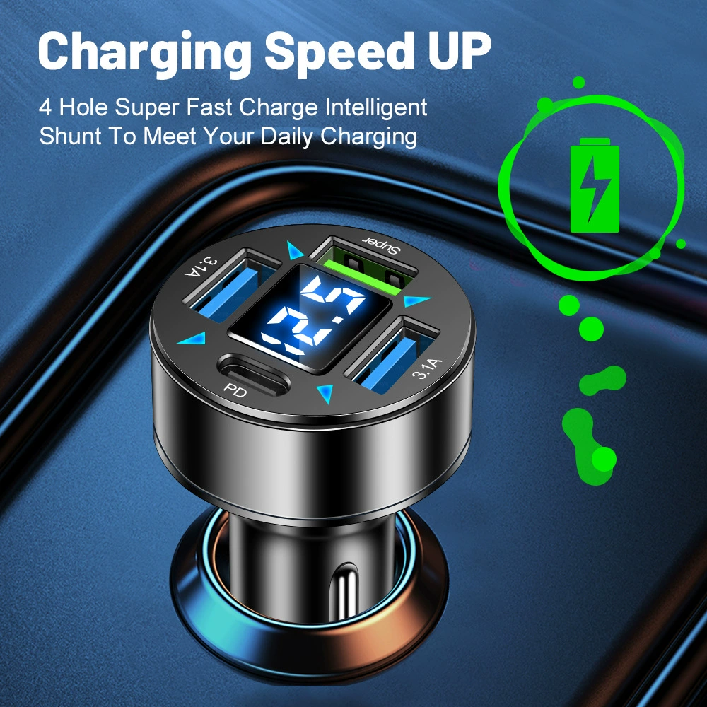 Автомобильное зарядное 3 USB + PD с цифровым индикатором — супербыстрая зарядка, один на четыре QC3.0, автомобильное зарядное