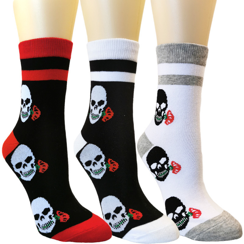 Foreign Trade European and American Clothing Halloween Socks Mid-Calf Socks Sweat-Absorbent Trendy Cotton Socks Skull Rose Men's Socks Women's Socks