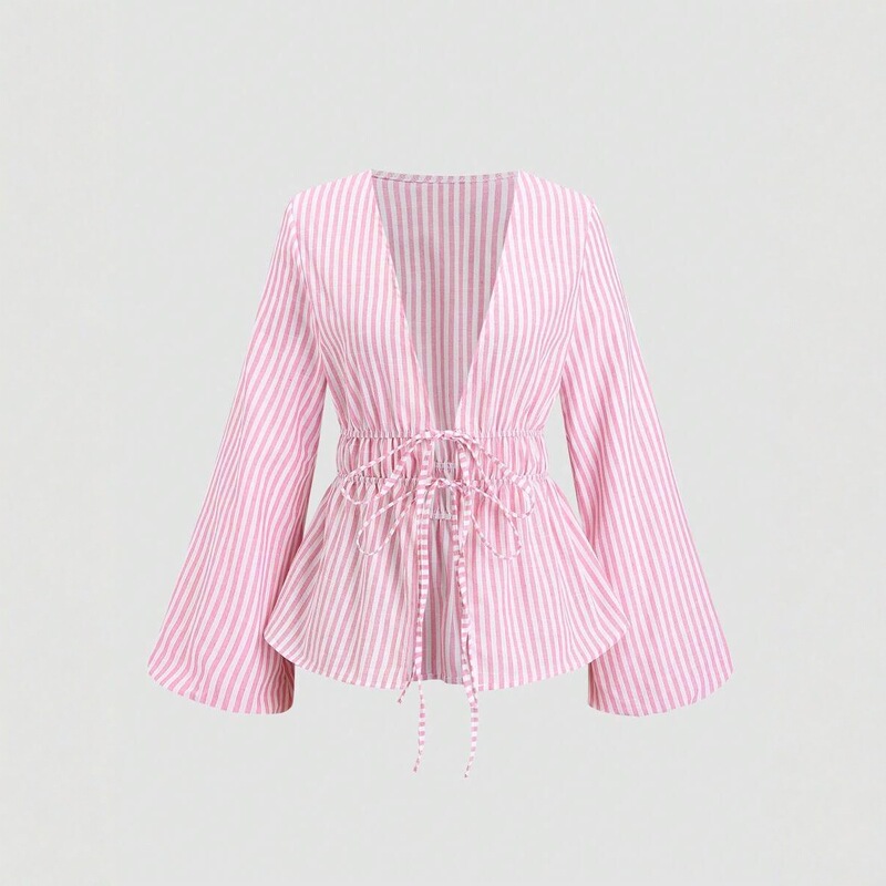 Autumn New Women's Striped Front-Tie Lantern Sleeve Deep V-Neck Elegant Ruffle Top with Lining Sleeves