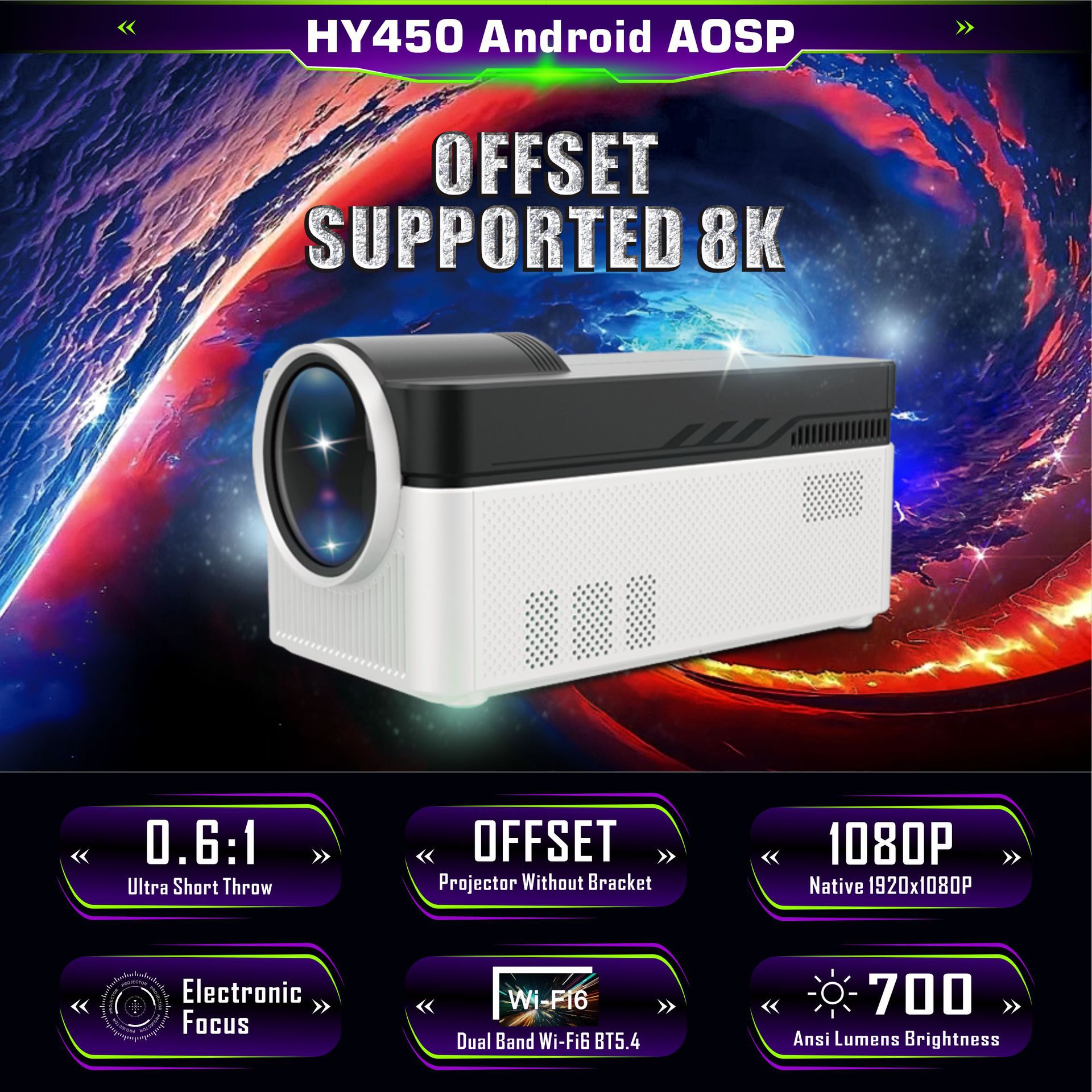Nuevo producto transfronterizo hy450 doméstico portátil 8k proyector inteligente 700 lúmenes Soporte Bluetooth wifi Ultra HD