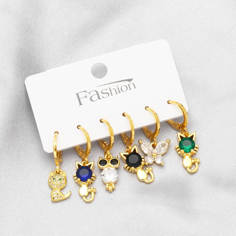 Fashion Cat Butterfly Copper Drop Earrings Inlay Zircon Copper Earrings 6 Pieces
