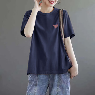 European Short-sleeved T-shirt Women's Navy Blue All-match Solid Color Summer New Shoulder Wide Loose T-shirt Age-reducing Top Trendy