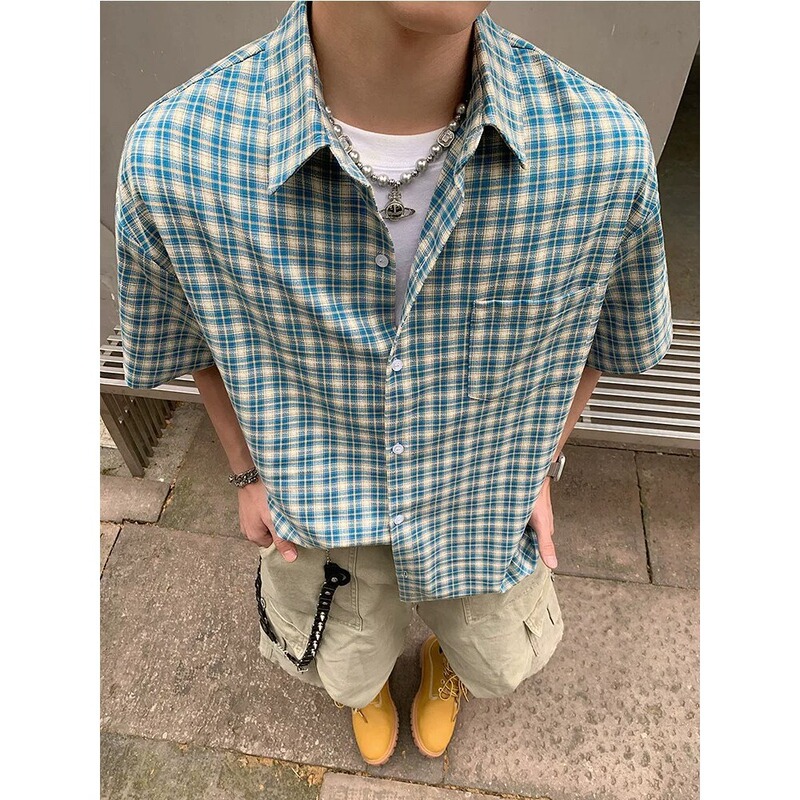 American Retro Short-Sleeved Plaid Shirt for Men, Summer Clean and Sunny Style for Boys, Loose Half-Sleeved Shirt Top American Retro Short-Sleeved Plaid Shirt for Men, Summer Clean and Sunny Style for Boys, Loose Half-Sleeved Shirt Top