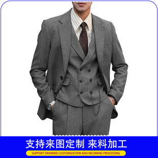 Cross-Border Hot Selling Men's Three-Piece Suit Herringbone Pattern Slim Business Casual Banquet Wedding Suit Men's Suit