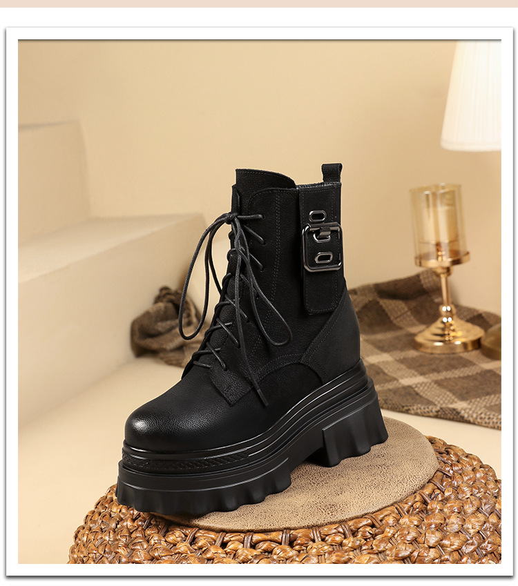 Boot nữ cổ thấp phong cách Anh quốc cổ điển, khóa kéo bên hông, đế dày 10 cm tăng chiều cao — Lót nhung đen chi tiết 1