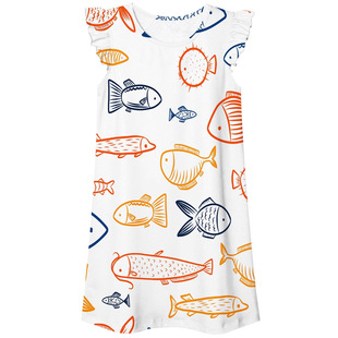 Cross-Border European and American Summer Cool Cartoon Graffiti Cute Ocean Fish 3D Digital Printing Girls Flying Sleeve Nightgown