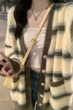 春夏新款仿水貂毛学院风高中大学生可爱条纹樱桃针织开衫毛衣外套