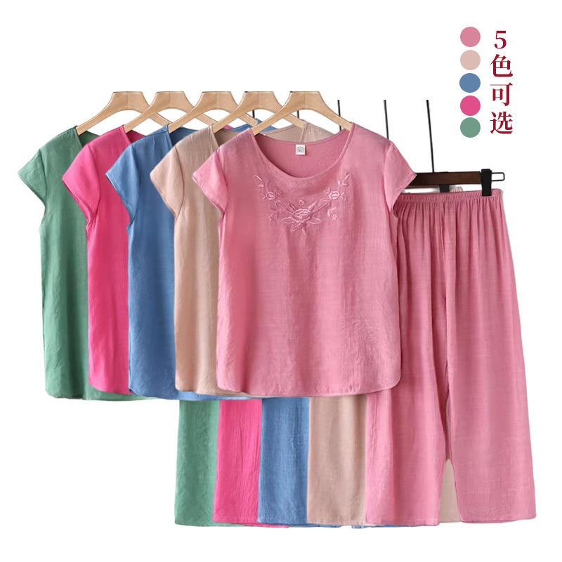Source Factory Middle-aged Pajamas Female Home Grandma Clothes suit Mother Summer Clothes Short-sleeved Casual Two-piece Set