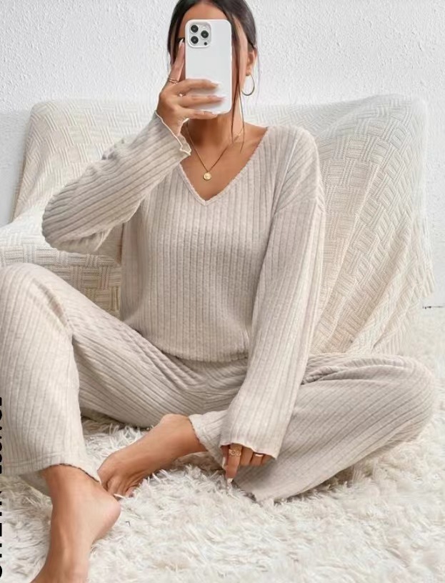 Women's Long Sleeve V-Neck Casual Lounge Set - Soft Brushed Striped Jogger Pants & Top (S-XXL, Autumn/Winter Collection)_voghion.com