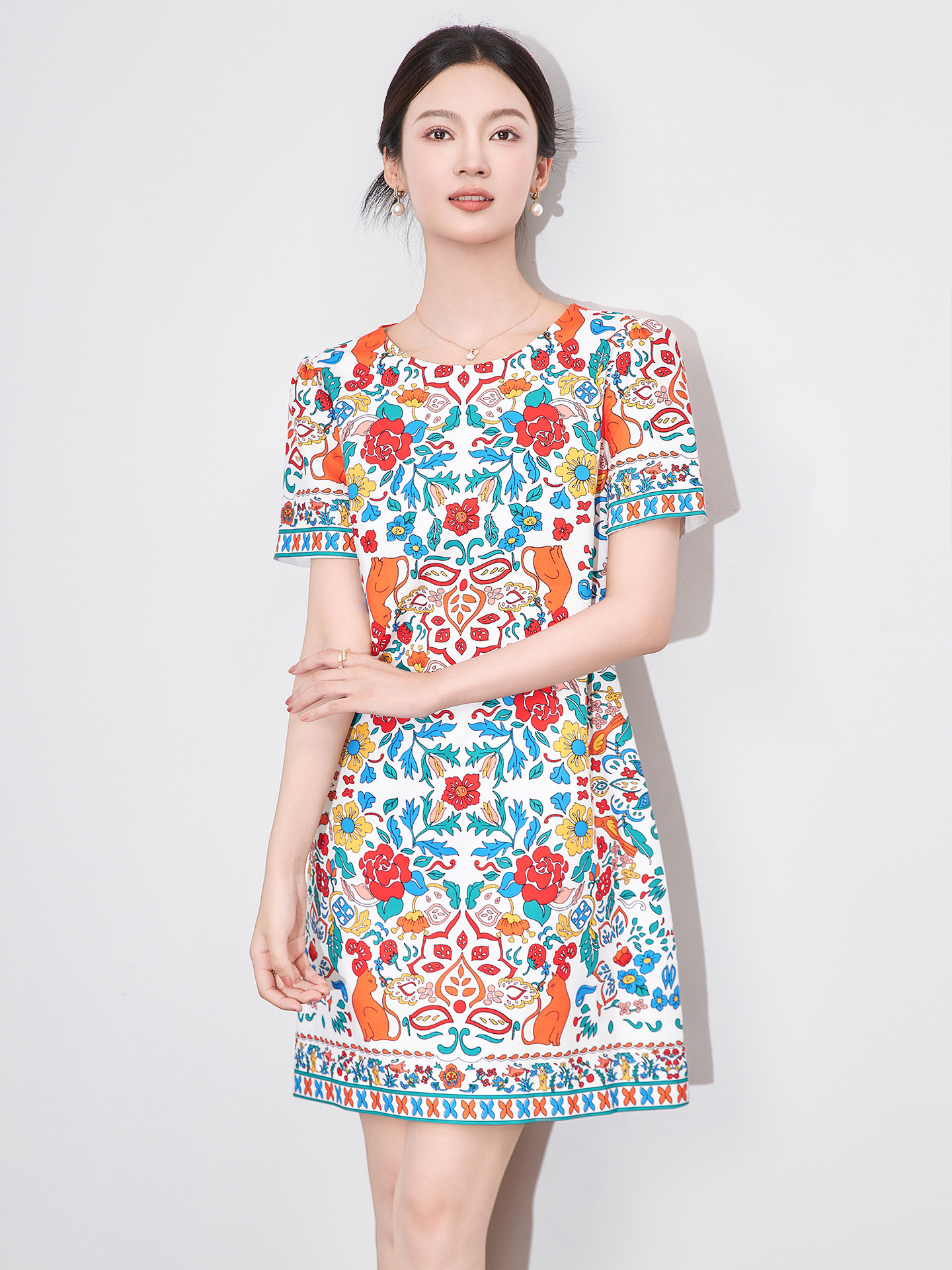 Váy liền chữ A in hoa cổ điển phong cách dân tộc mùa hè — Màu đen