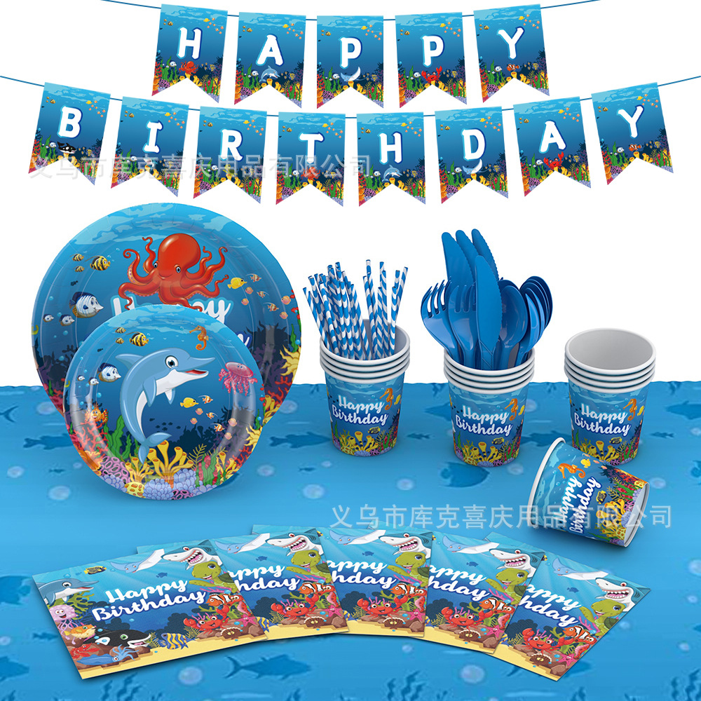 Niños mundo submarino fiesta decoración suministros delfín tema plato de papel desechable taza de papel vajilla tire bandera traje