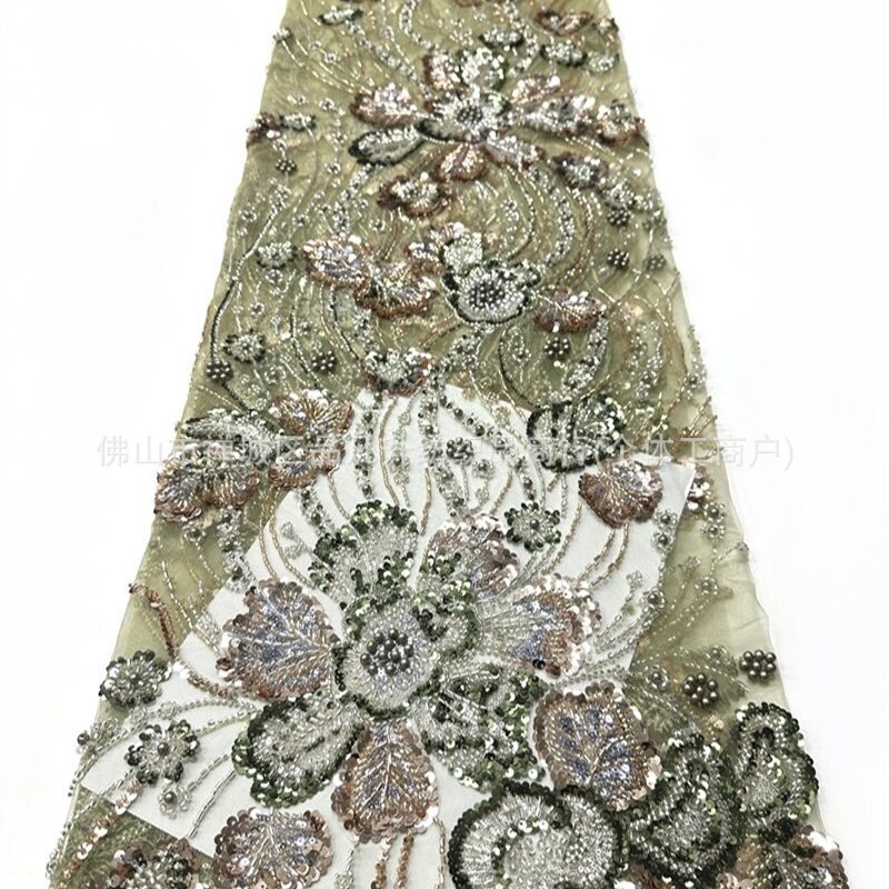 Flores tela de malla de cuentas de clavos de fabricación pesada sequinilla perla bordada cola de pescado cena brindis vestido de boda tela