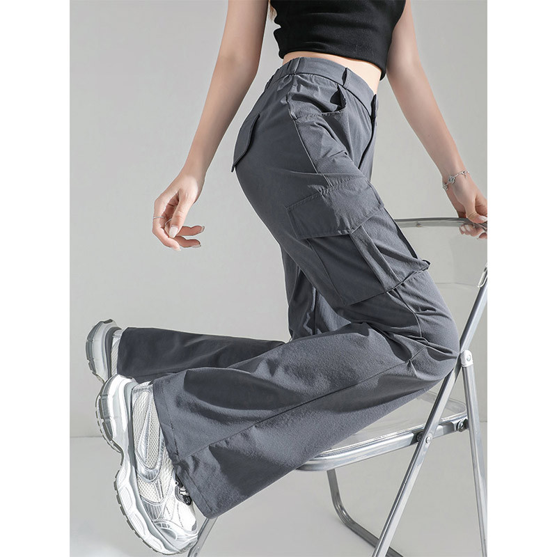 American-Style Micro-Flare Cargo Pants for Women, 2026 Spring/Summer New Style, Petite Slim-Fit High-Waisted Wide-Leg Pants
