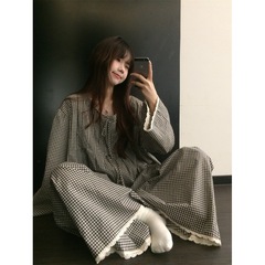 韩版花边格子印花睡衣长袖女秋季薄款可外穿大码长裤家居服套装
