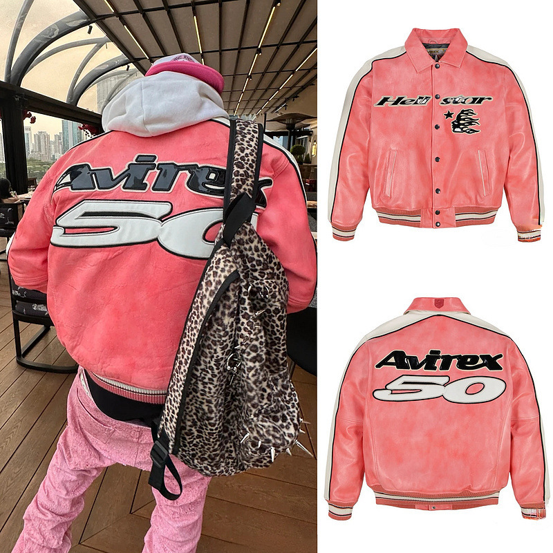 Avirex Co-Branded 50Th Anniversary Limited Edition Retro Trendyy Jacket Motorcycle Embroidered Leather Jacket Hellstar