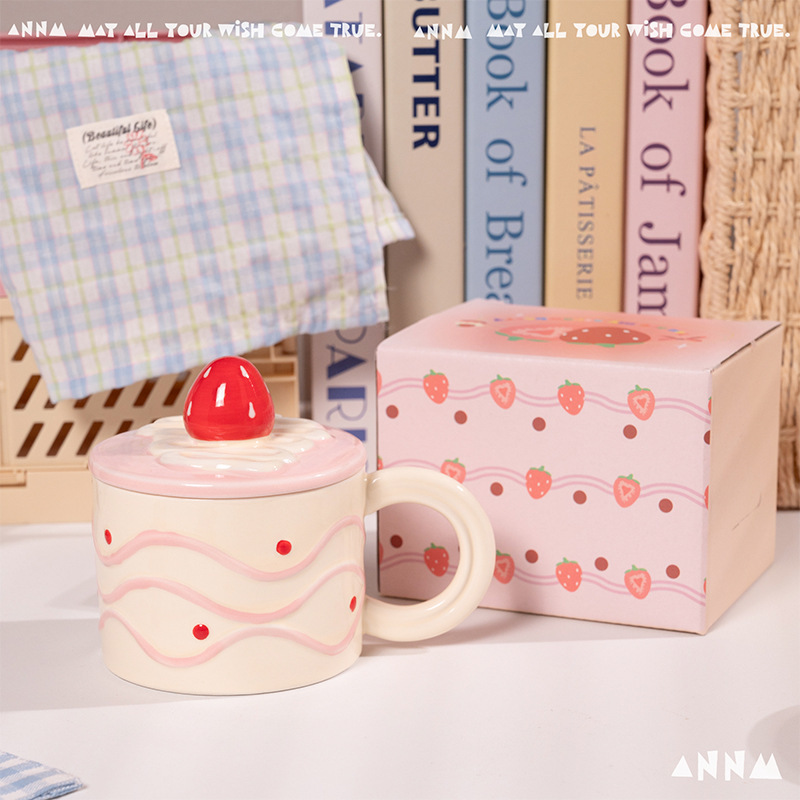 女の子用ストロベリーウォーターカップ、蓋付き高級セラミックマグ、家庭用朝食コーヒーカップ、誕生日プレゼント、お土産|undefined