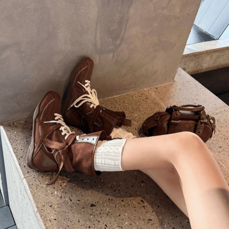 Casual Retro Versatile Height-Increasing Martin Boots for Women, British Round-Toe Lace-Up Sports Ankle Boots, Boxing Boots, German Training Boots