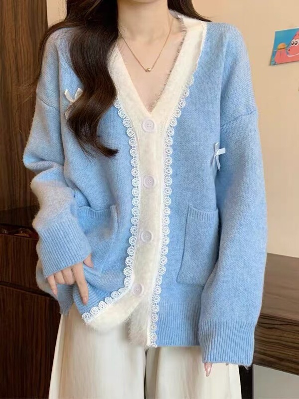 2025秋冬新款设计感蕾丝边V领毛衣外套宽松法式蝴蝶结针织开衫女|undefined