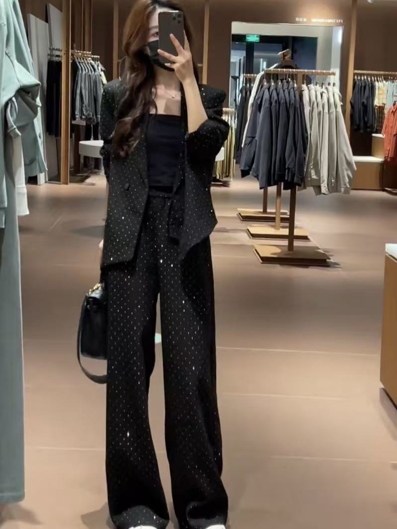 GraceChic Autumn New Style Irregular Shiny Blazer Jacket For Women With High Waist Wide Leg Pants Two-Piece Set_voghion.com