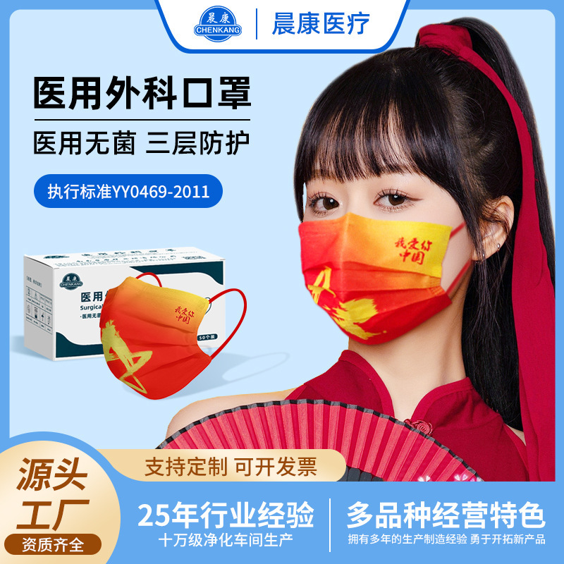 中国风红色口罩医用外科三层防护国潮创意个性成人儿童口罩批发