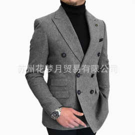 欧美外贸亚马逊毛呢双排扣西装男英伦戗驳领宴会休闲潮流西服套装