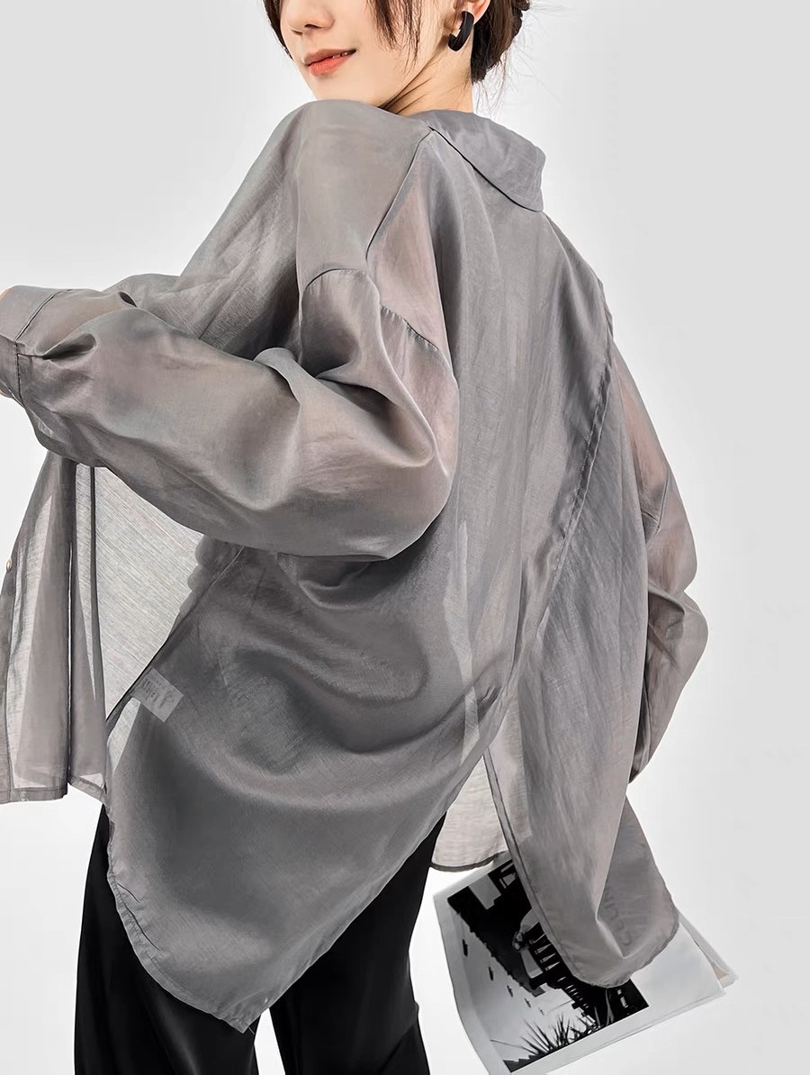 SS STUDIO Premium Grey Slit Tencel Shirt Women's Thin Sheer Covering Summer Sun Protection Top Cardigan Jacket