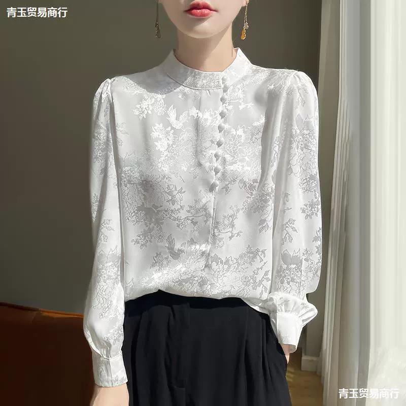 White silk shirt, spring long-sleeve, Chinese style