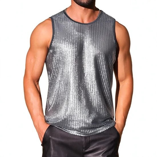 European and American fashion, trendy men's clothing: hollow mesh, gold-embossed tank top, club-style, sexy, breathable, round-neck men's top European and American fashion, trendy men's clothing: hollow mesh, gold-embossed tank top, club-style, sexy, breathable, round-neck men's top