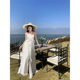 法式荷叶边雪纺吊带连衣裙夏季超仙露腰抹胸度假裙女