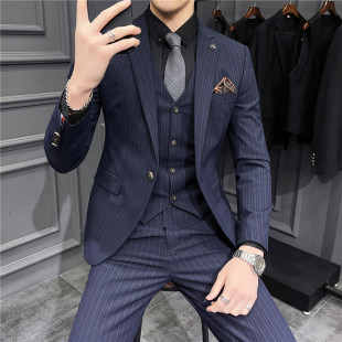 high quality Men's Suit Three-Piece Striped Handsome Groom Dress suit Korean Slim-Fit Business Commuter Suit