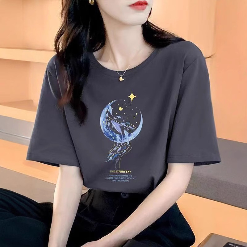 순수한면 반팔 티셔츠 여성용 여름 착용 이너 탑은 어깨 디자인 감각 여성 반소매 느슨한 둥근 목 도매