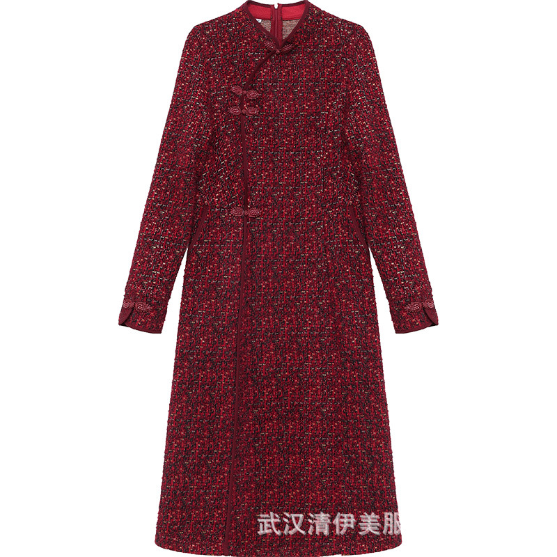 빈티지 치파오 원피스 두꺼운 여성 모조 레오파드 벨벳 따뜻한 중간 길이 원피스 가을과 겨울 새로운 A 라인 스커트