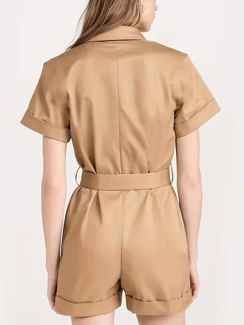 Stylish Women's Belted Jumpsuit With Pockets And Collared Shorts_voghion.com