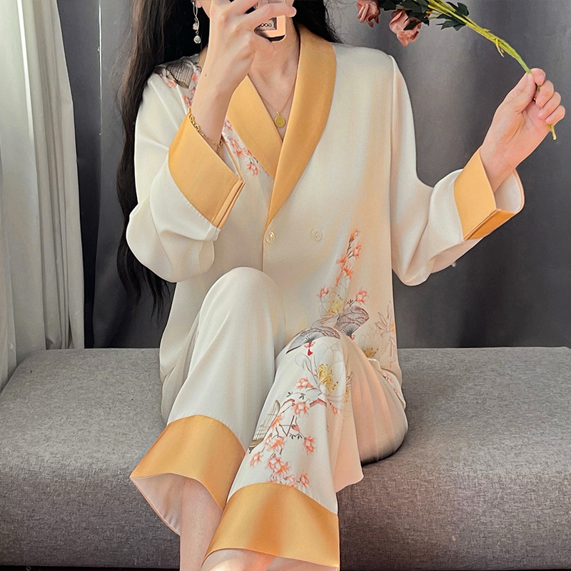 Trendy V-Neck Pajamas for Women, Ice Silk Long-Sleeve, New Spring/Summer Design, Stylish Loungewear, Ice Silk