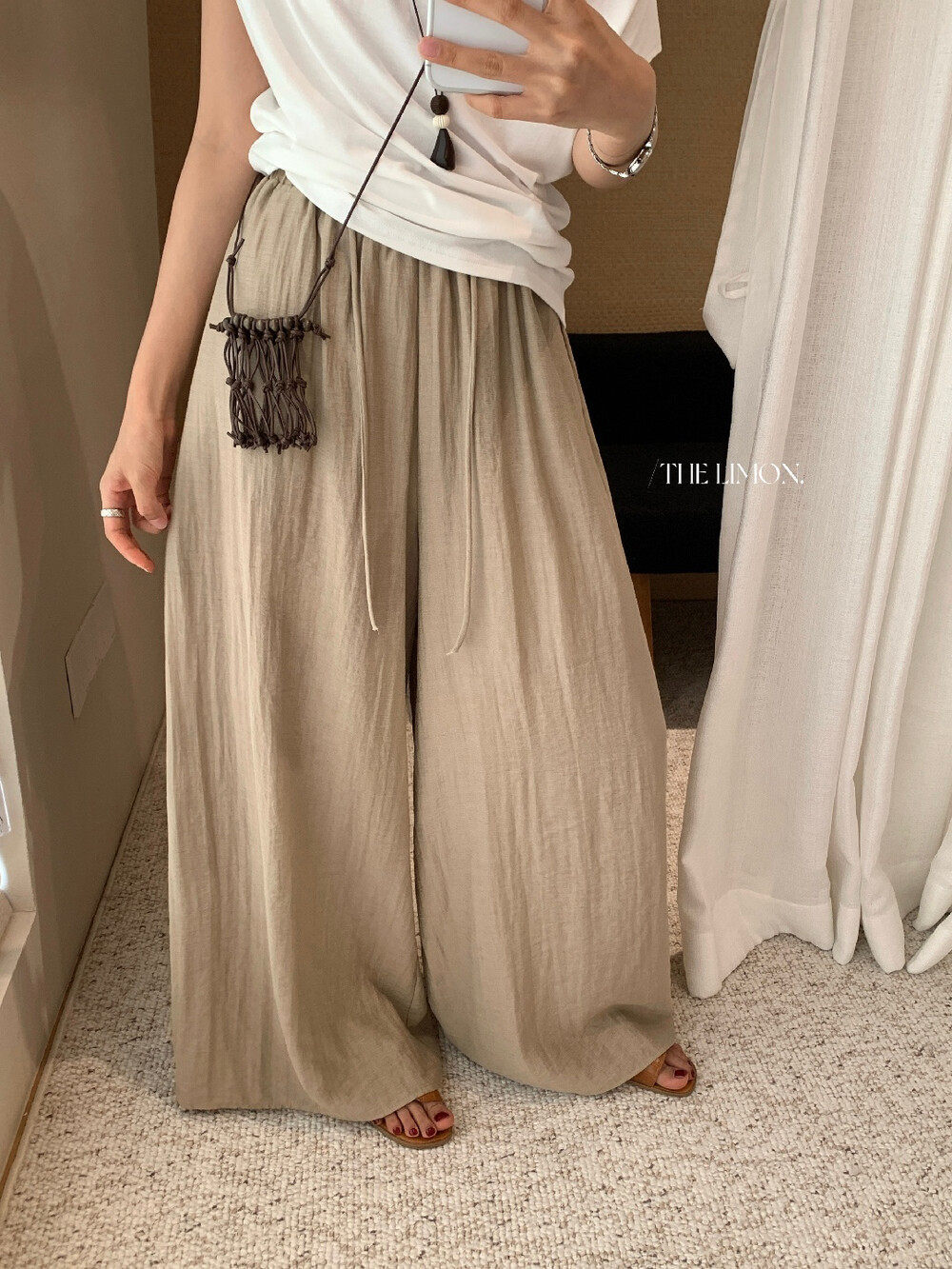 Quần culottes ống rộng cạp chun rút dây chất liệu linen mùa hè — Vàng nhạt, màu đen, trắng ngà, màu hồng chi tiết 28