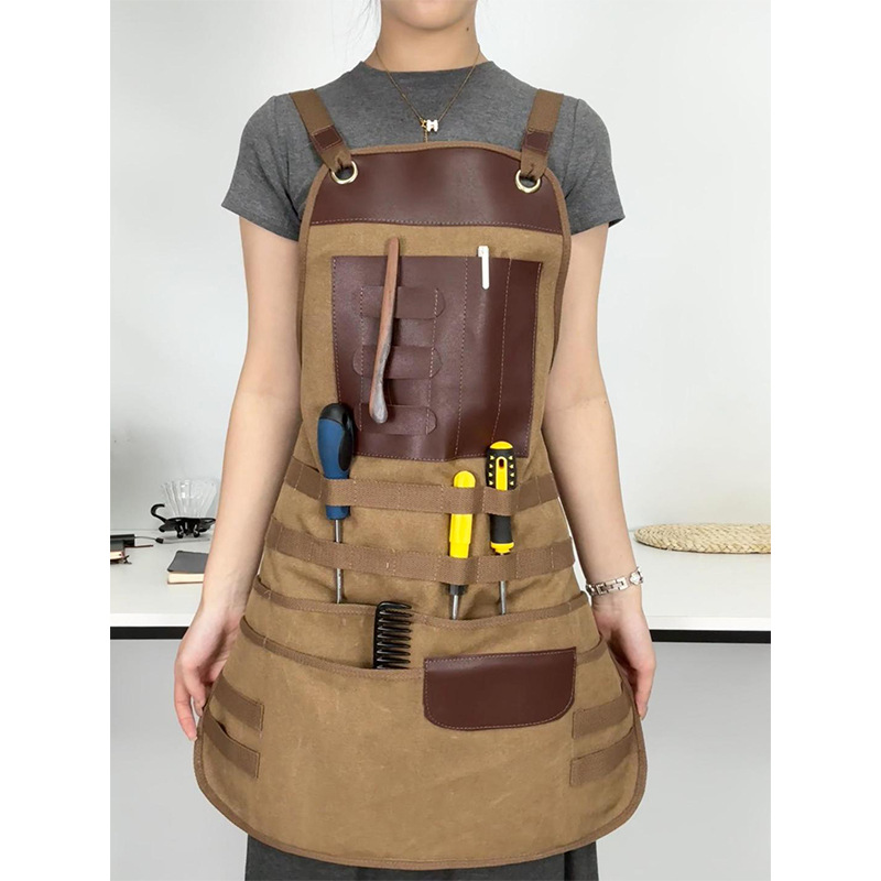 Delantal de lona gruesa transfronteriza personalizado logotipo anti-sucio anti-desgaste de doble bolsillo herramientas de ropa de trabajo de carpintería delantal al por mayor