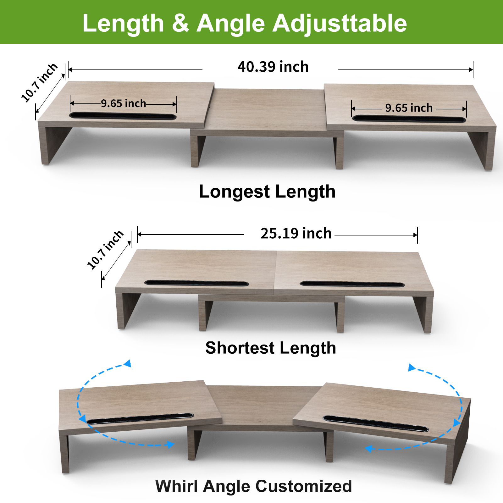 Fabricante en stock de madera de doble pantalla monitor de ordenador soporte de almacenamiento de longitud ajustable estante de escritorio