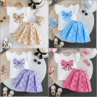 2025 New European and American Cross-Border Girls Printed Butterfly Flying Sleeve Vest Top + Pleated Skirt Suit