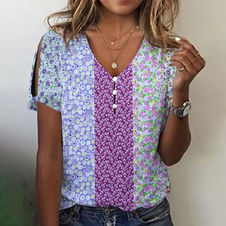 2023 foreign trade cross-border new women's casual V-neck short sleeve regular pullover digital printing women's top T-shirt 2023 foreign trade cross-border new women's casual V-neck short sleeve regular pullover digital printing women's top T-shirt
