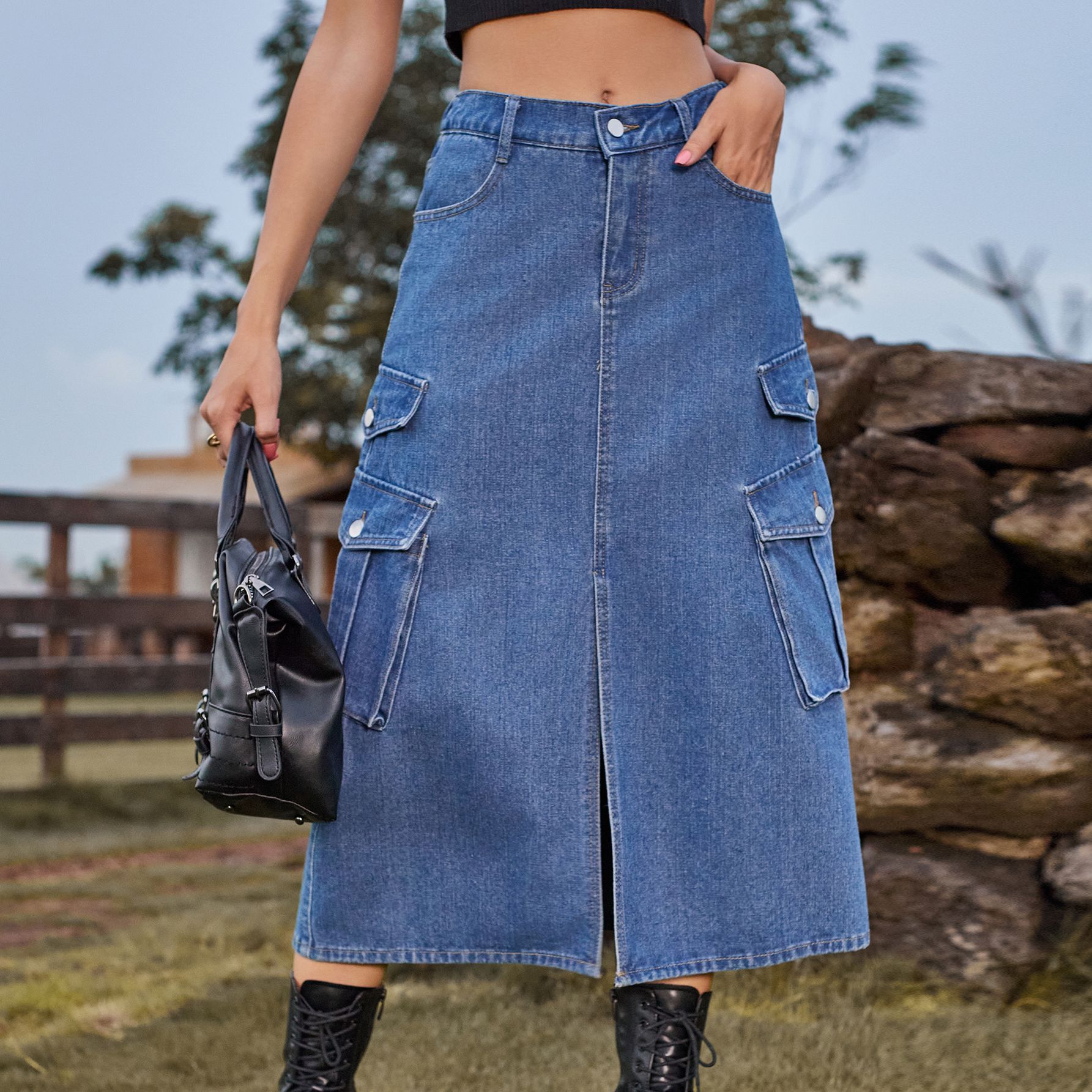 Frühling Herbst Strassenmode Einfarbig Denim Midi-kleid Röcke display picture 19