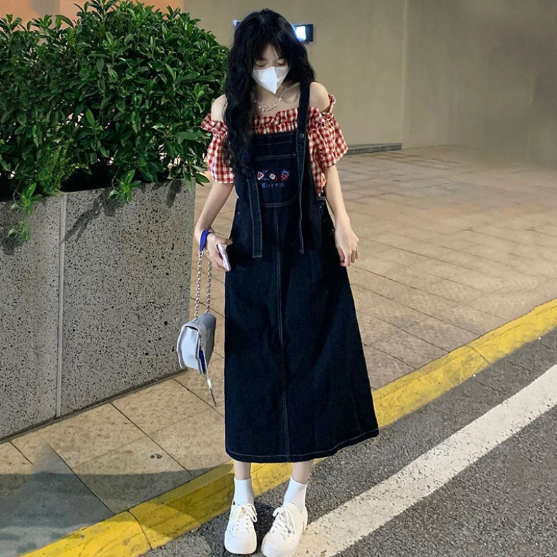 Denim Suspender Skirt, Cute Women's Mid-Length Petite Summer Loose Slimming Sleeveless Sweet College Style Dress